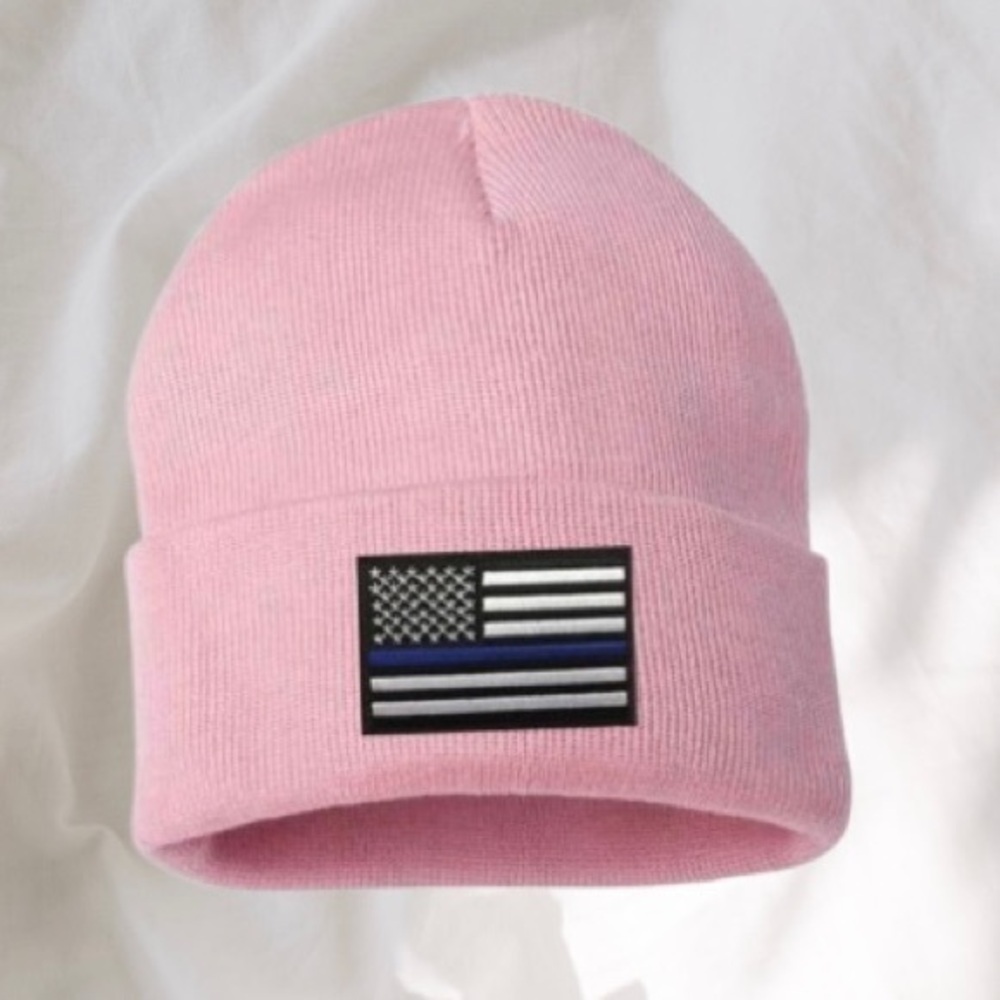 Thin Blue Line Embroidered Flag Pink Beanie